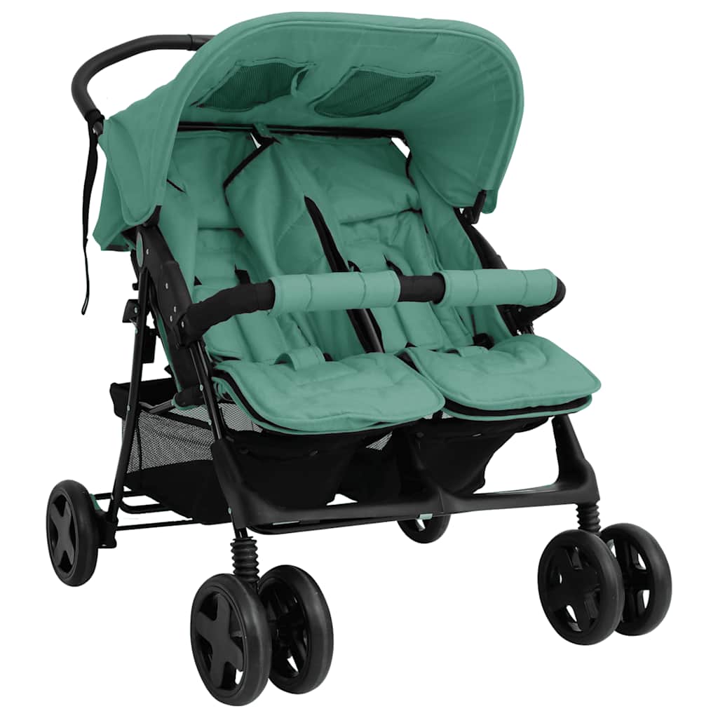 Steel Green Double Stroller 80 x 96 x 104 cm Lightweight Foldable Safe Design Pushchair Compact Travel