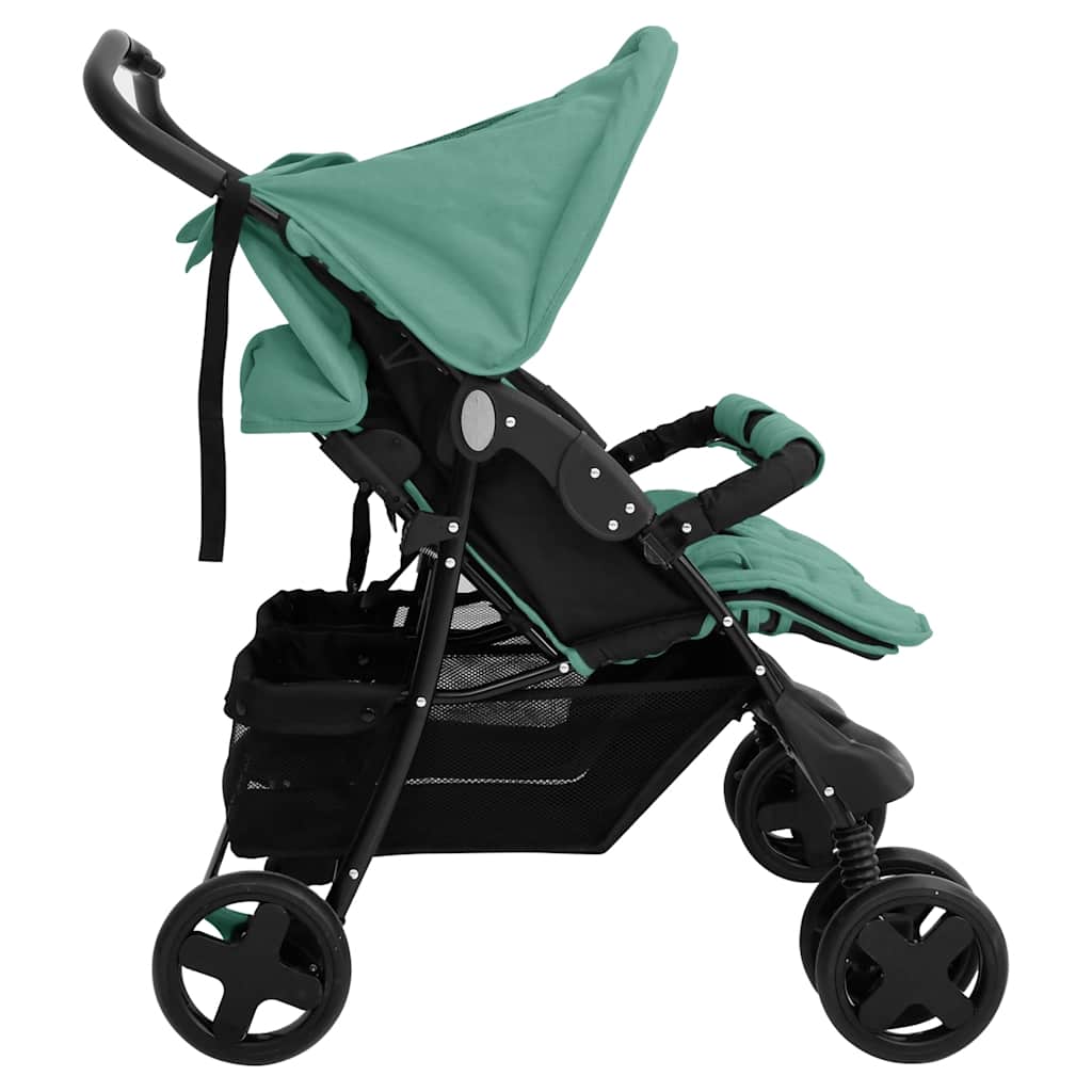 Steel Green Double Stroller 80 x 96 x 104 cm Lightweight Foldable Safe Design Pushchair Compact Travel