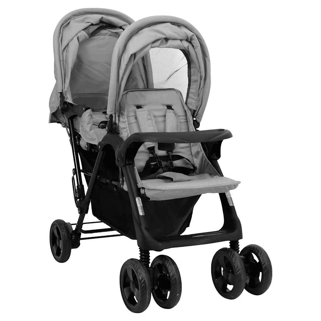 Double Stroller Taupe Steel 122.5 x 53.5 x 111 cm Lightweight Foldable Safe Design Pushchair Compact Travel