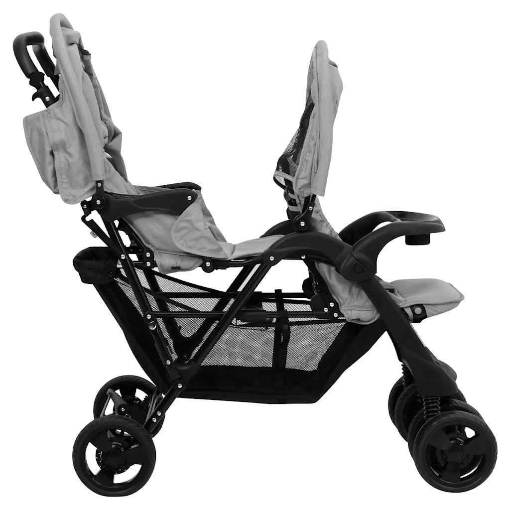 Double Stroller Taupe Steel 122.5 x 53.5 x 111 cm Lightweight Foldable Safe Design Pushchair Compact Travel