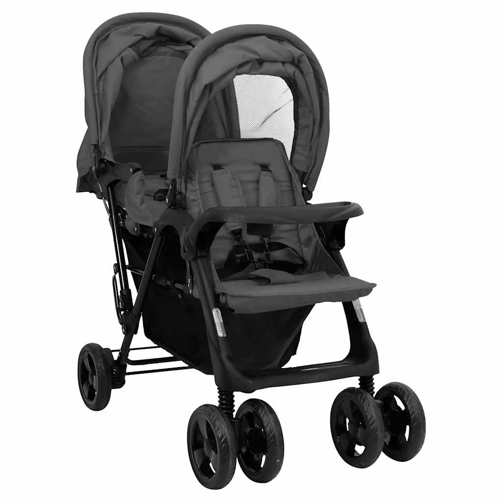 Double Stroller Taupe Steel 122.5 x 53.5 x 111 cm Lightweight Foldable Safe Design Pushchair Compact Travel