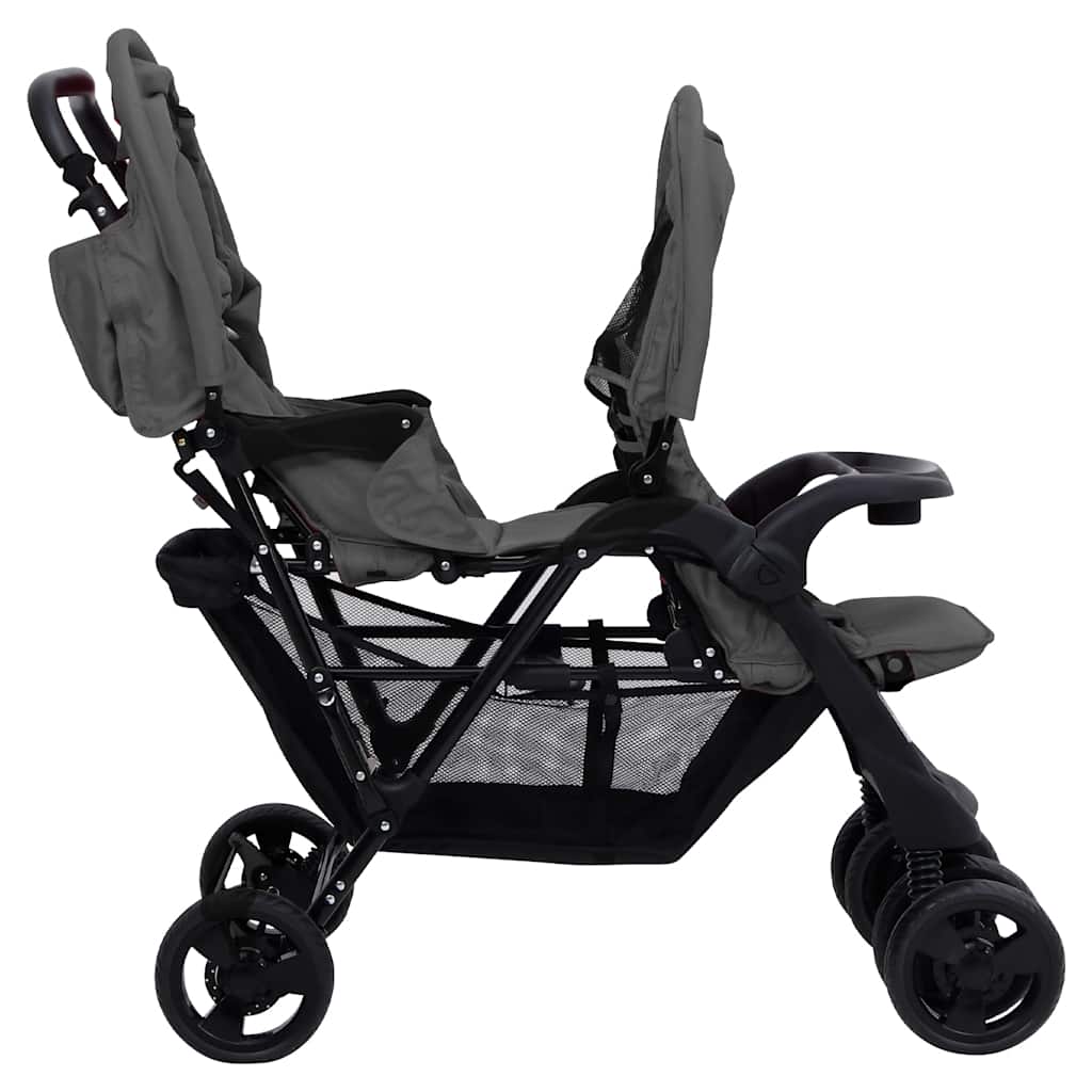 Double Stroller Taupe Steel 122.5 x 53.5 x 111 cm Lightweight Foldable Safe Design Pushchair Compact Travel