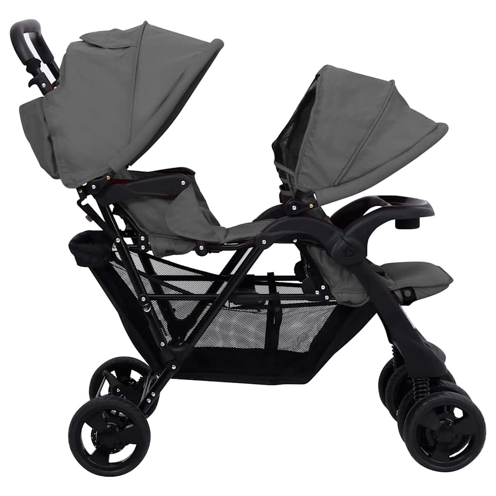 Double Stroller Taupe Steel 122.5 x 53.5 x 111 cm Lightweight Foldable Safe Design Pushchair Compact Travel