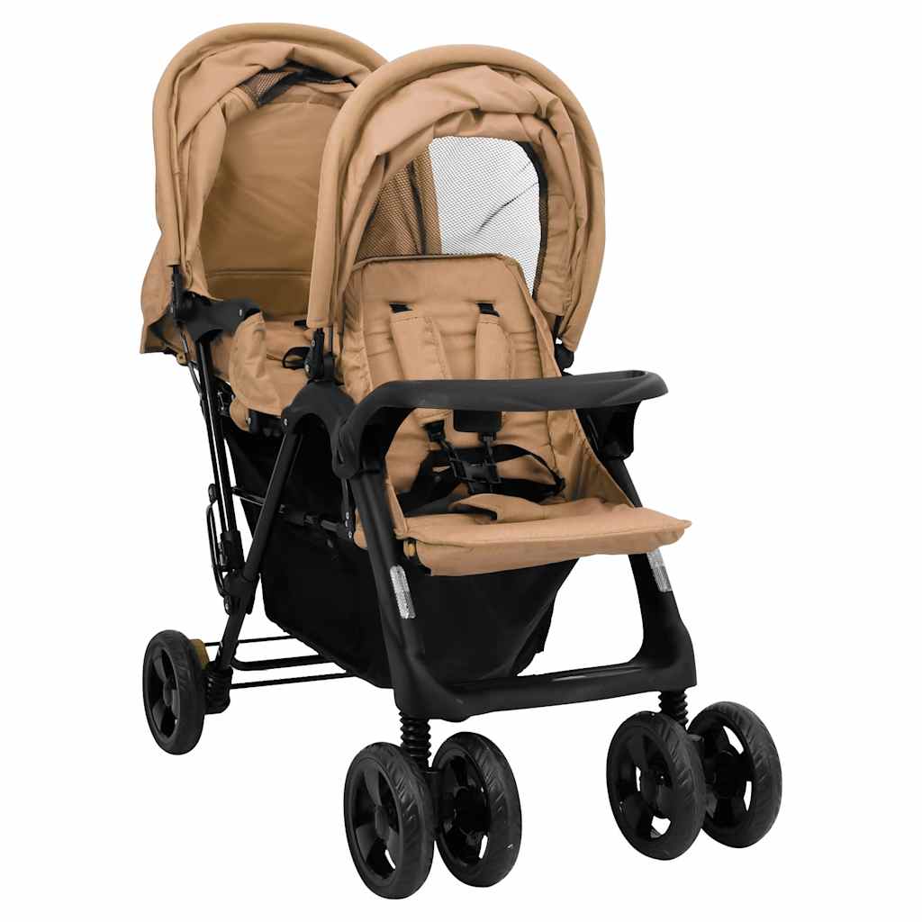 Double Stroller Taupe Steel 122.5 x 53.5 x 111 cm Lightweight Foldable Safe Design Pushchair Compact Travel
