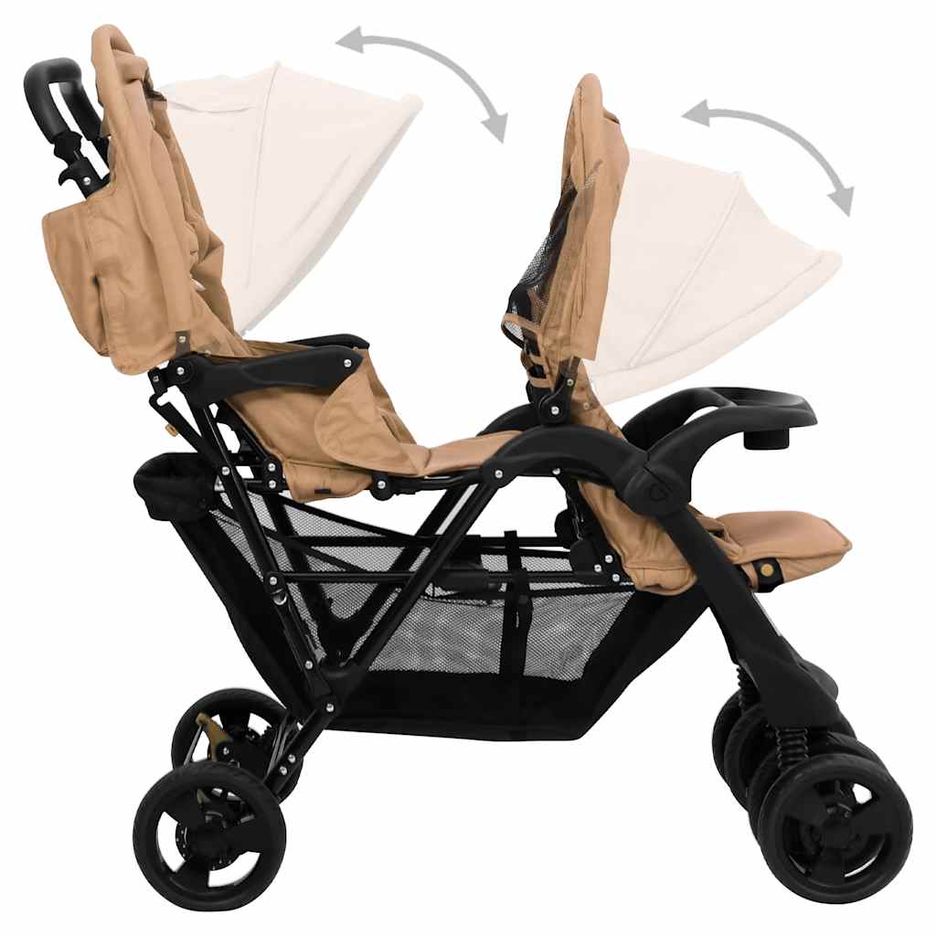 Double Stroller Taupe Steel 122.5 x 53.5 x 111 cm Lightweight Foldable Safe Design Pushchair Compact Travel