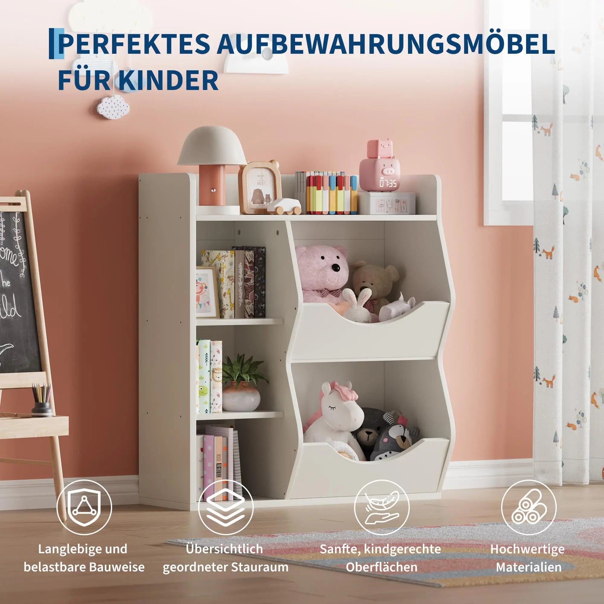 3-Tier Kids Bookshelf, Wooden Bookcase With 5 Compartments For Playroom Nursery Kindergarten, 81 x 30 x 92 cm