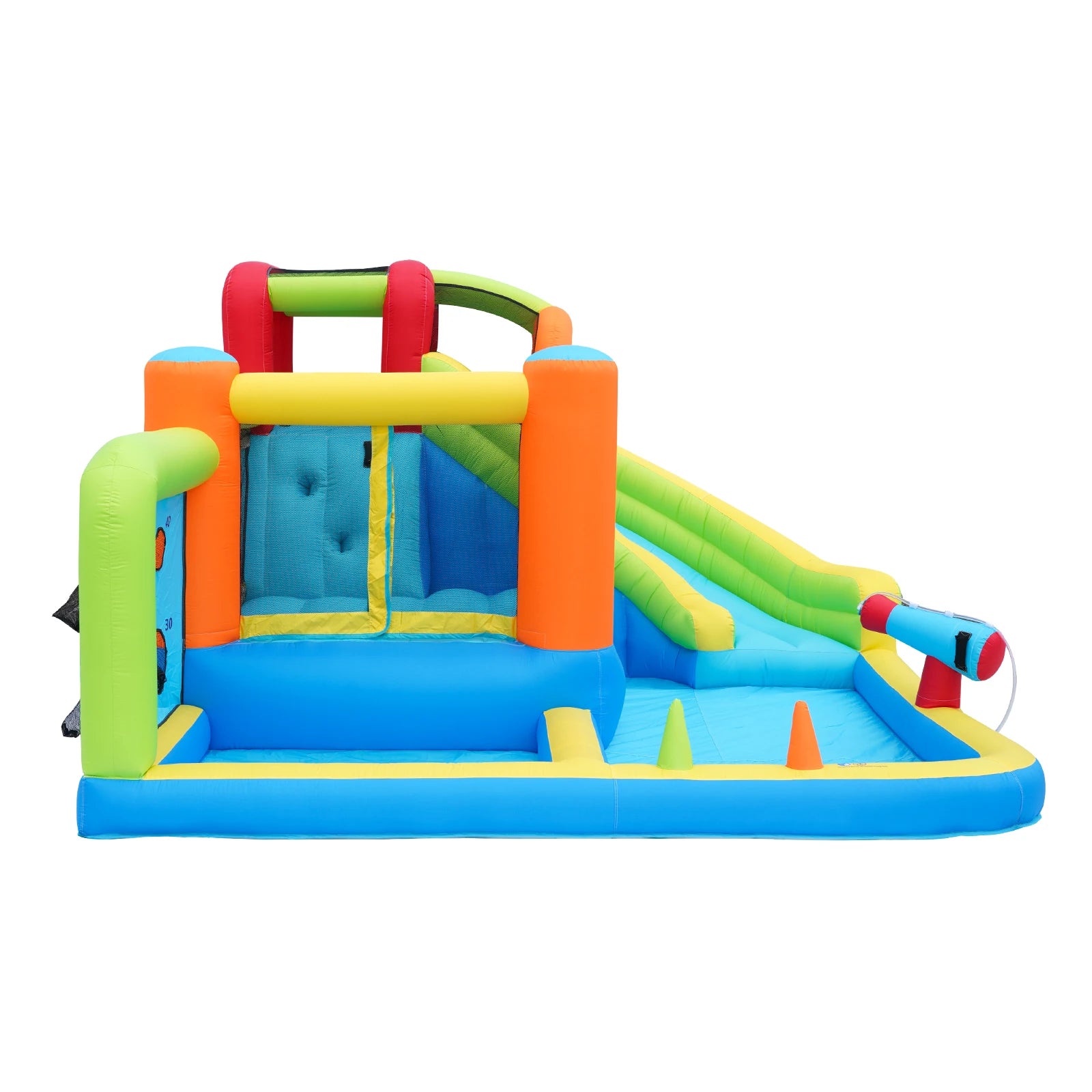 Bouncy castle with blower, slide, trampoline, climbing wall, throwing Wall & basketball hoop-usable all year round, incl. 450W Blower