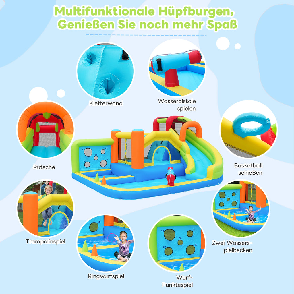 Bouncy castle with blower, slide, trampoline, climbing wall, throwing Wall & basketball hoop-usable all year round, incl. 450W Blower