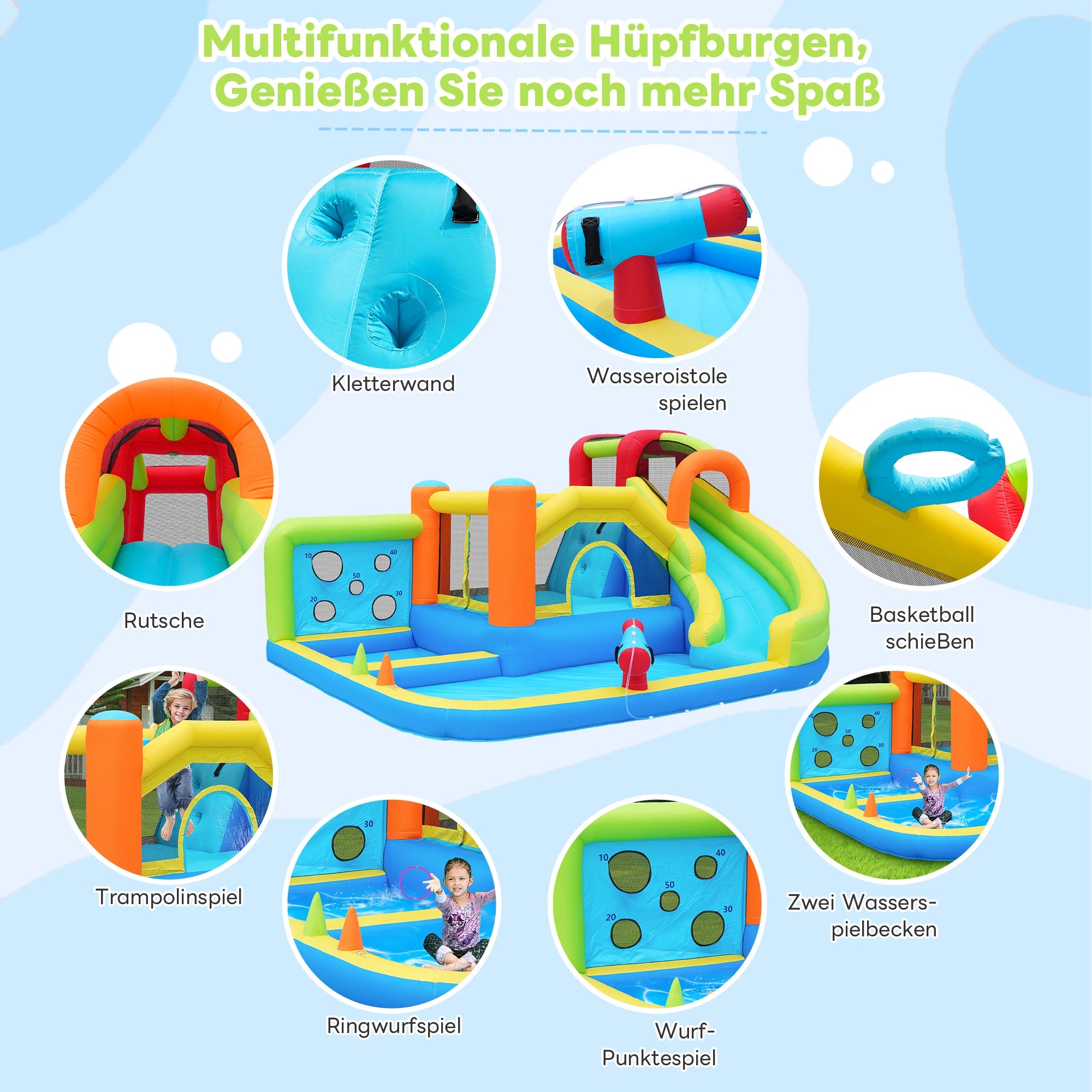 Bouncy castle with blower, slide, trampoline, climbing wall, throwing Wall & basketball hoop-usable all year round, incl. 450W Blower