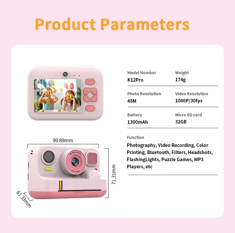 Blossom K12 Kids Camera 1080P Dual Selfie Instant Print Digital Camera for Children Camera Toddler Toys Gifts for 6-12 Year Old