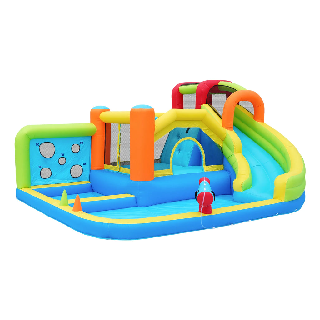 Bouncy castle with blower, slide, trampoline, climbing wall, throwing Wall & basketball hoop-usable all year round, incl. 450W Blower