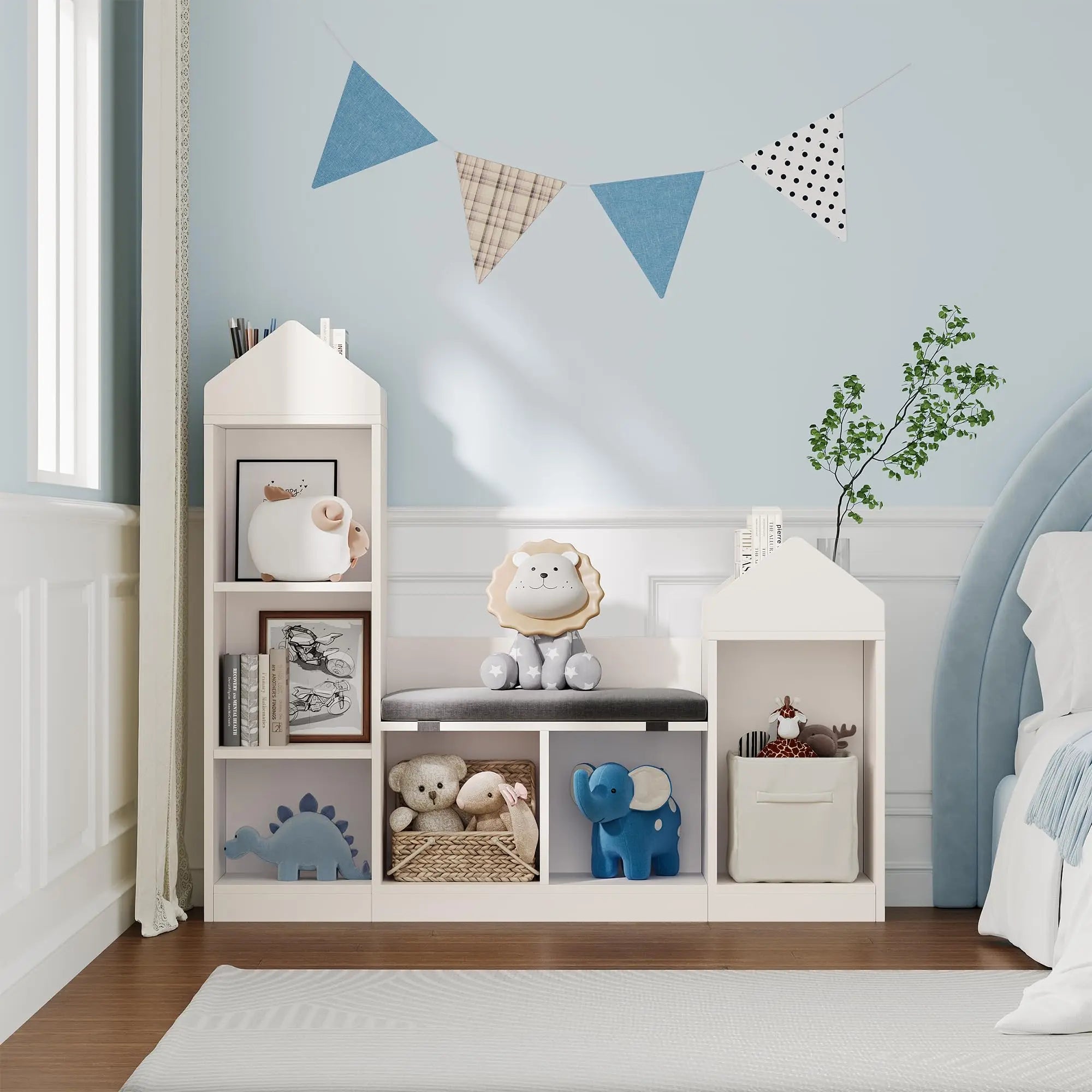 6 Compartments Kids Bookcase, Wooden Bookshelf With Cushion, Toy Storage Cabinet For Bedroom Kindergarten