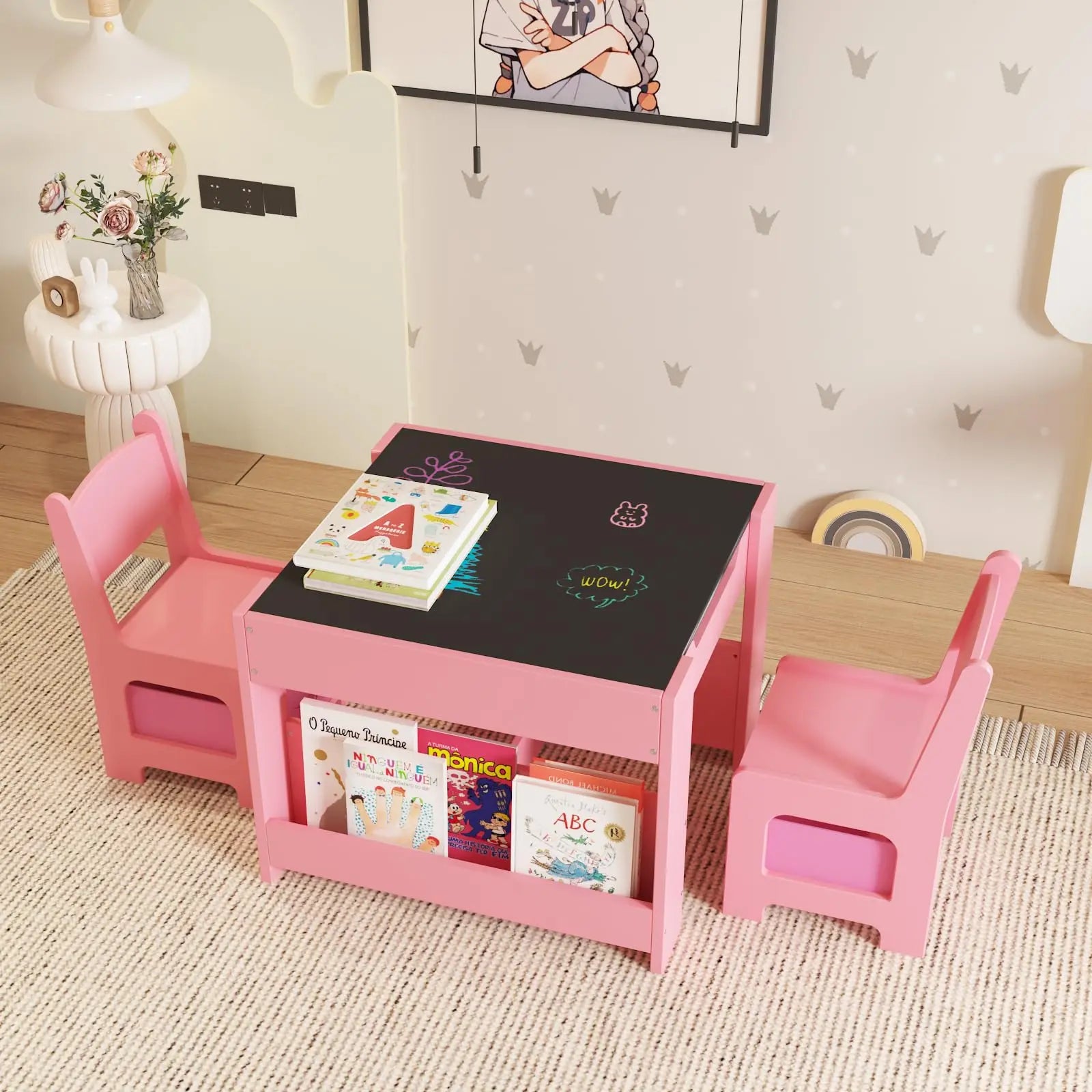 Kids Table and Chair Set - 4 in 1 Wooden Activity Table, 2 Chairs with Storage Drawer, Detachable Table Top for Drawing, Reading, Crafts