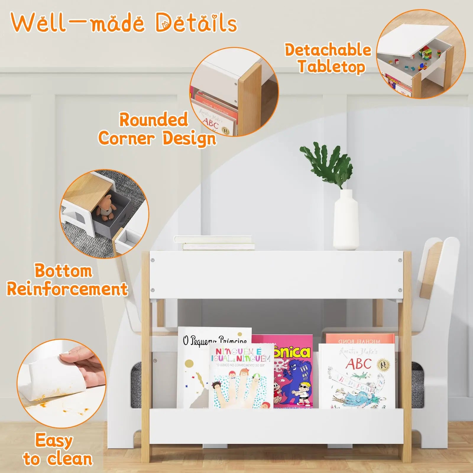 Kids Table and Chair Set - 4 in 1 Wooden Activity Table, 2 Chairs with Storage Drawer, Detachable Table Top for Drawing, Reading, Crafts
