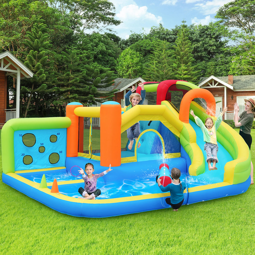 Bouncy castle with blower, slide, trampoline, climbing wall, throwing Wall & basketball hoop-usable all year round, incl. 450W Blower