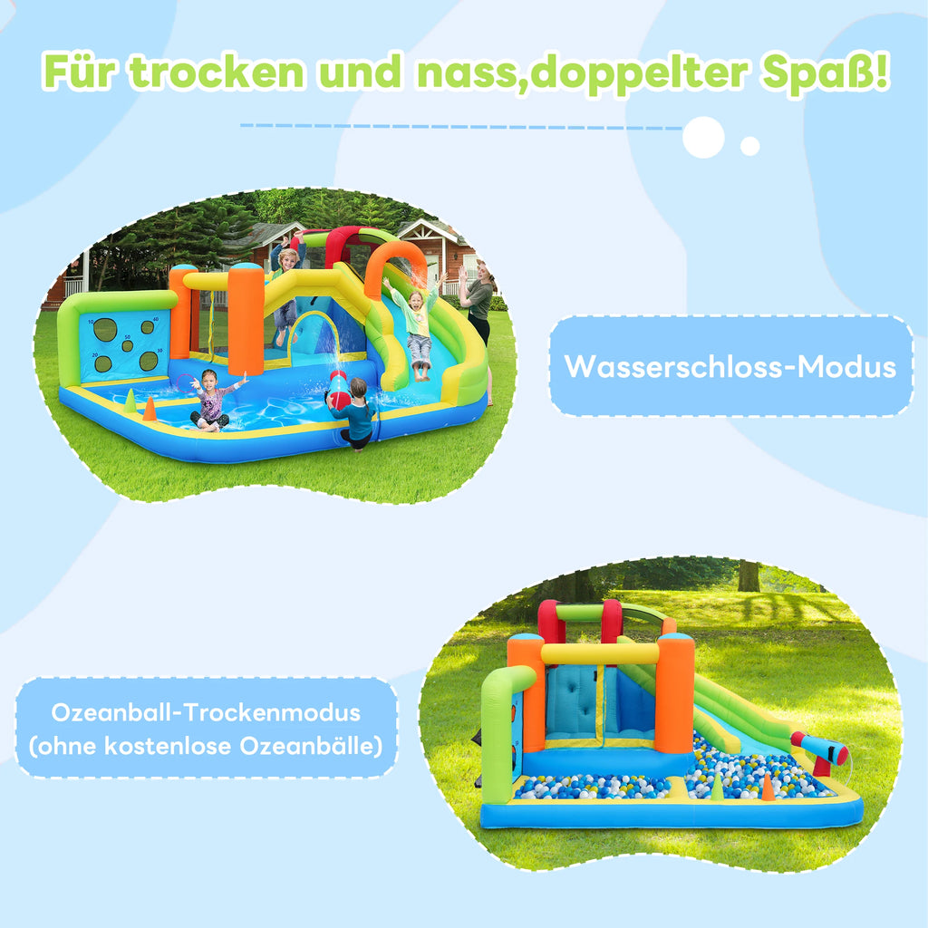 Bouncy castle with blower, slide, trampoline, climbing wall, throwing Wall & basketball hoop-usable all year round, incl. 450W Blower