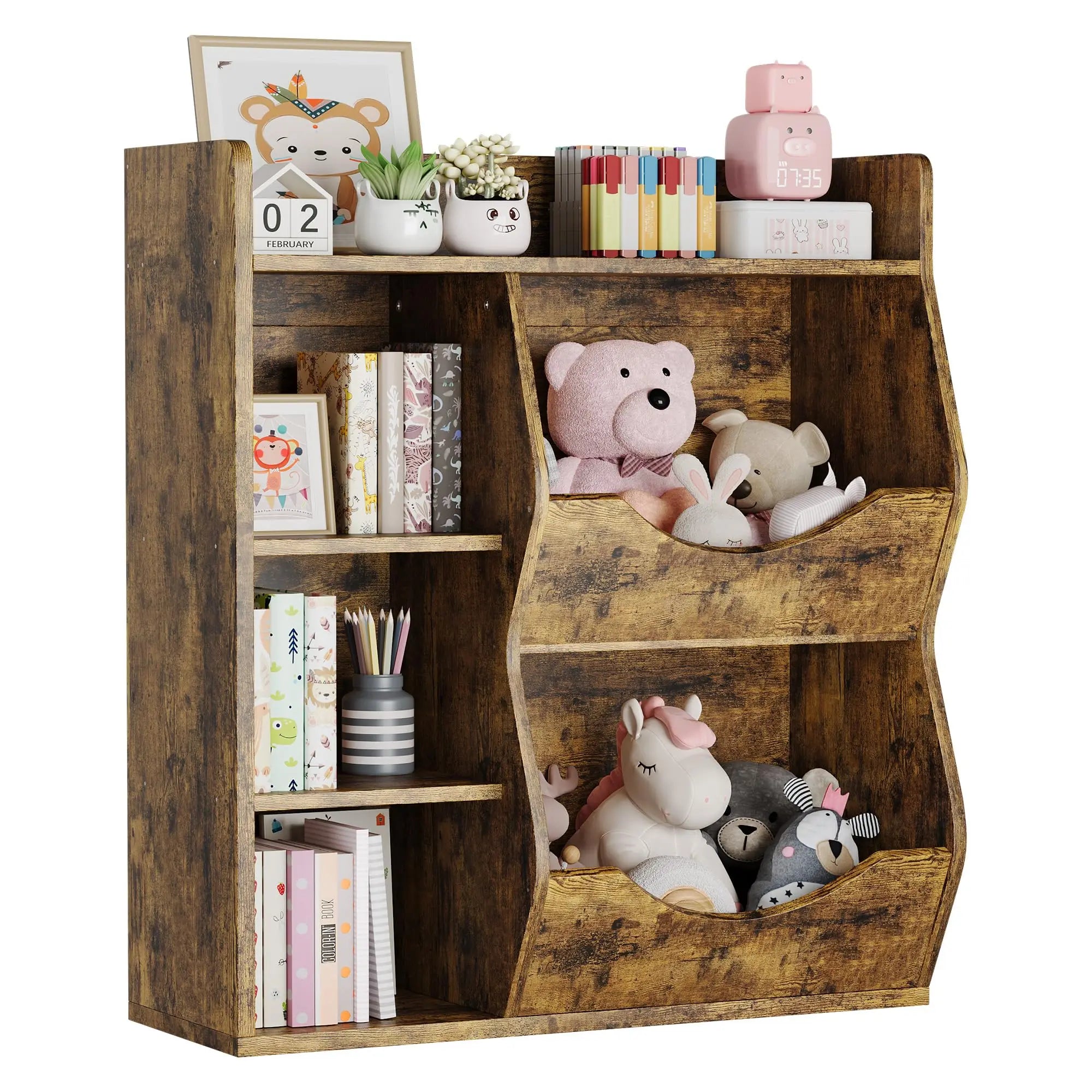 3-Tier Kids Bookshelf, Wooden Bookcase With 5 Compartments For Playroom Nursery Kindergarten, 81 x 30 x 92 cm