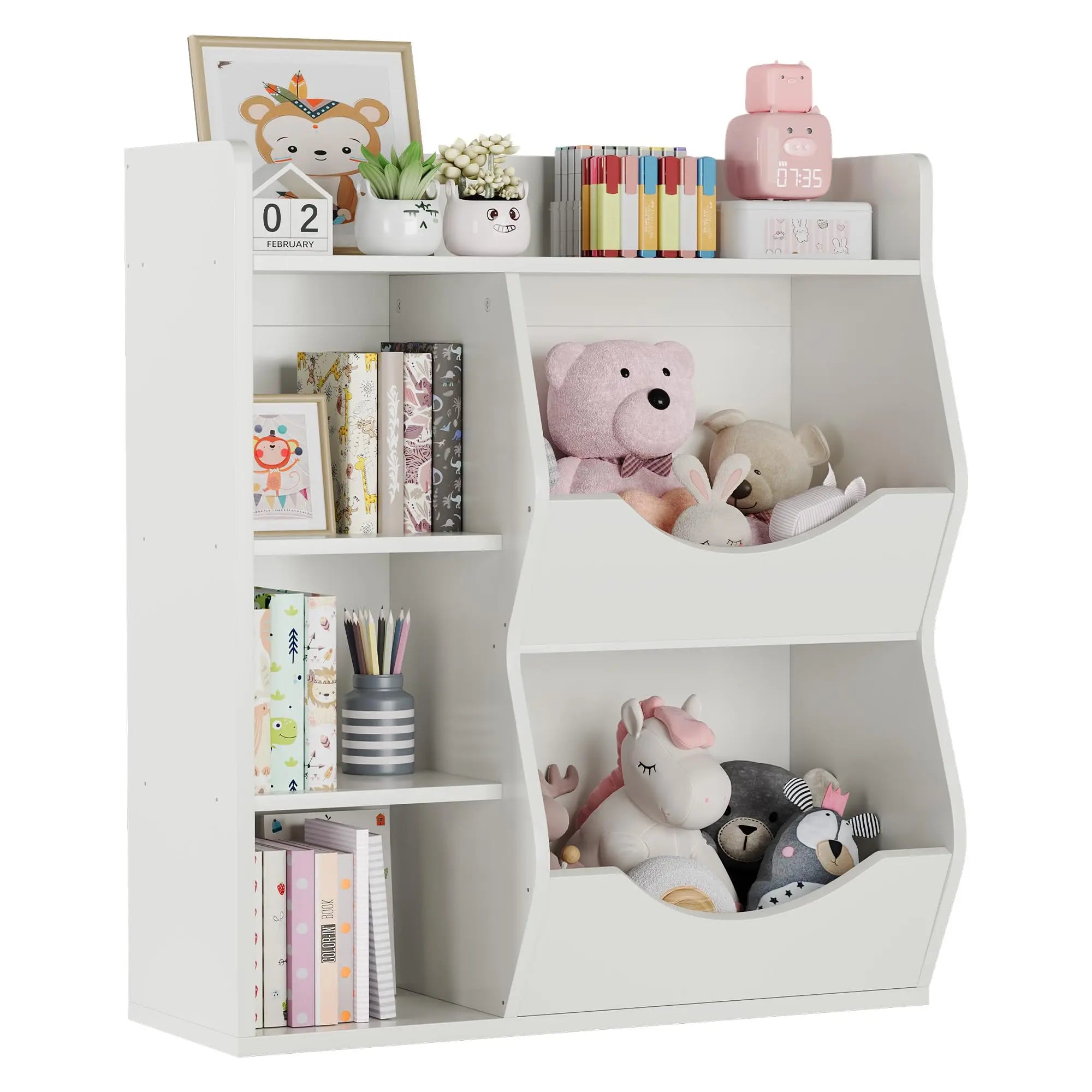 3-Tier Kids Bookshelf, Wooden Bookcase With 5 Compartments For Playroom Nursery Kindergarten, 81 x 30 x 92 cm