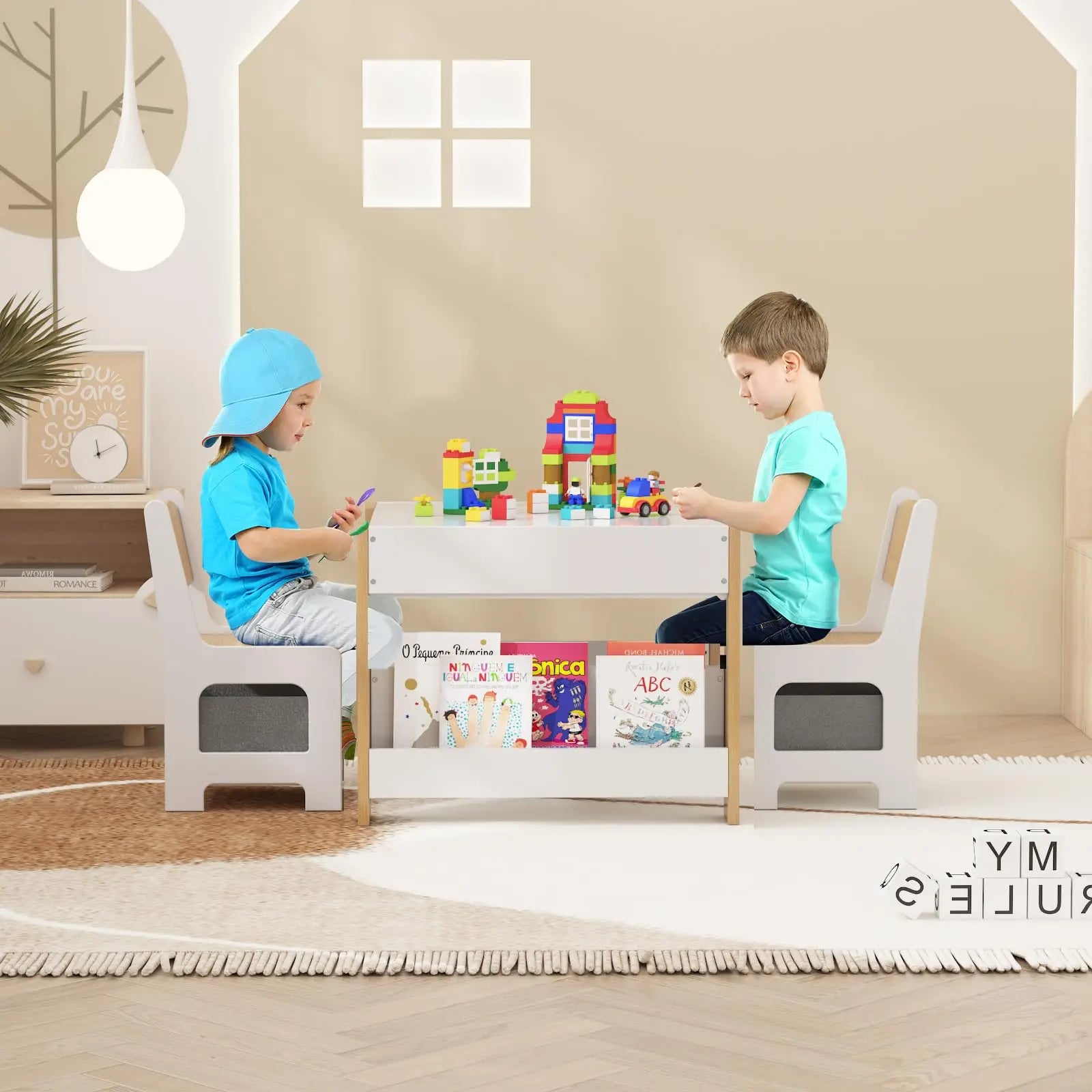 Kids Table and Chair Set - 4 in 1 Wooden Activity Table, 2 Chairs with Storage Drawer, Detachable Table Top for Drawing, Reading, Crafts