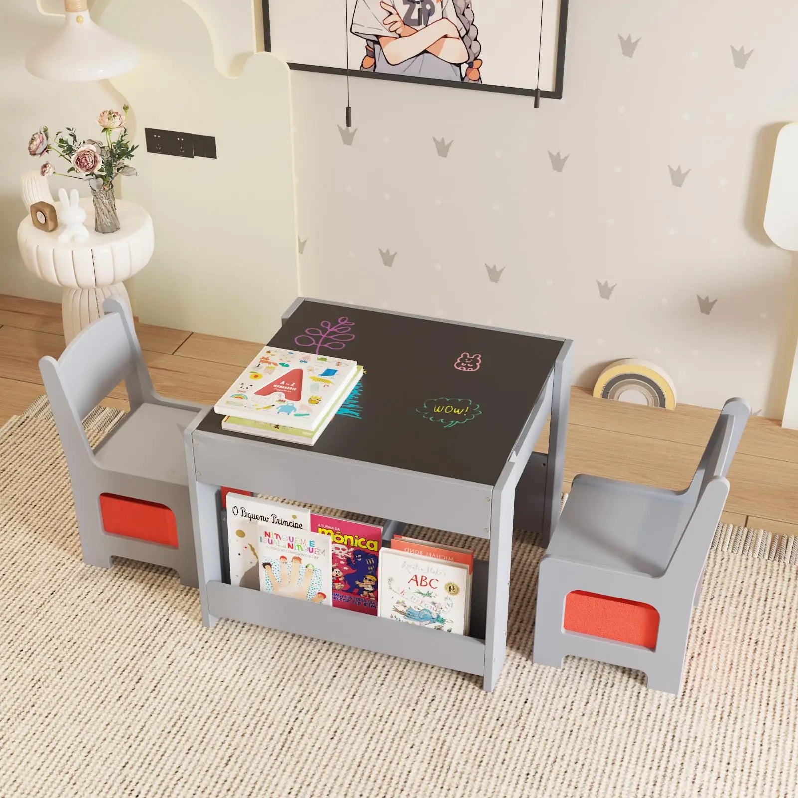 Kids Table and Chair Set - 4 in 1 Wooden Activity Table, 2 Chairs with Storage Drawer, Detachable Table Top for Drawing, Reading, Crafts
