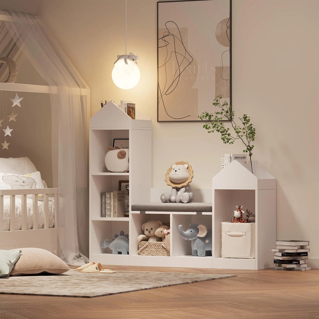 6 Compartments Kids Bookcase, Wooden Bookshelf With Cushion, Toy Storage Cabinet For Bedroom Kindergarten