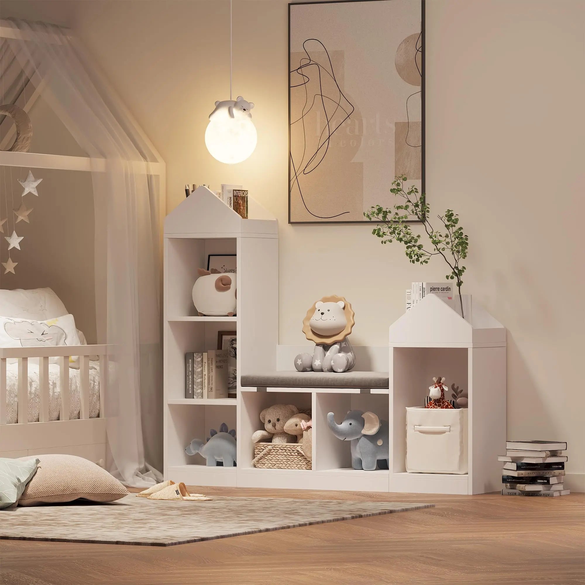 6 Compartments Kids Bookcase, Wooden Bookshelf With Cushion, Toy Storage Cabinet For Bedroom Kindergarten