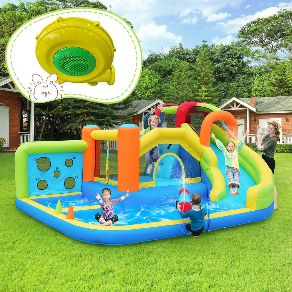 Bouncy castle with blower, slide, trampoline, climbing wall, throwing Wall & basketball hoop-usable all year round, incl. 450W Blower