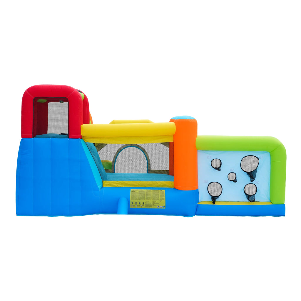 Bouncy castle with blower, slide, trampoline, climbing wall, throwing Wall & basketball hoop-usable all year round, incl. 450W Blower