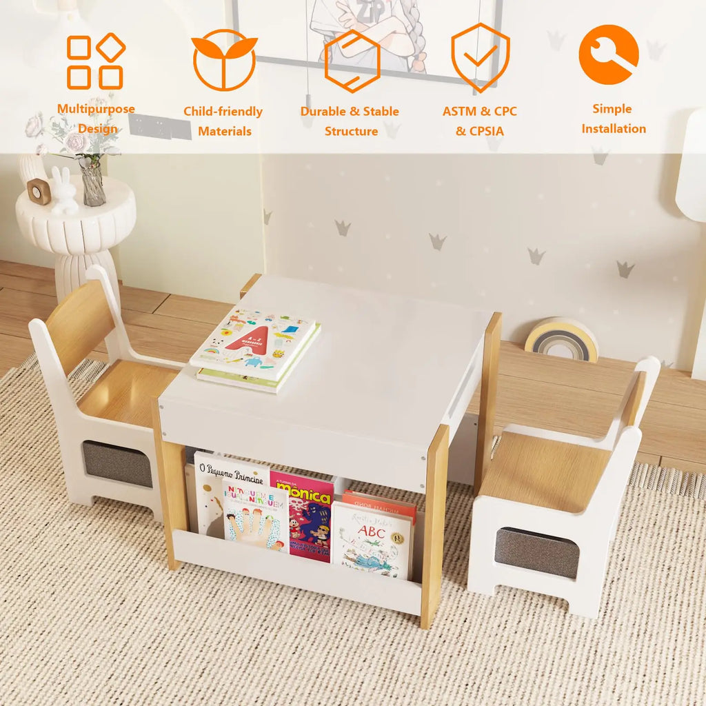 Kids Table and Chair Set - 4 in 1 Wooden Activity Table, 2 Chairs with Storage Drawer, Detachable Table Top for Drawing, Reading, Crafts