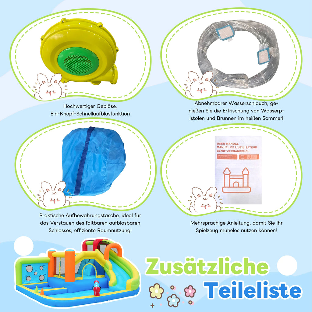Bouncy castle with blower, slide, trampoline, climbing wall, throwing Wall & basketball hoop-usable all year round, incl. 450W Blower