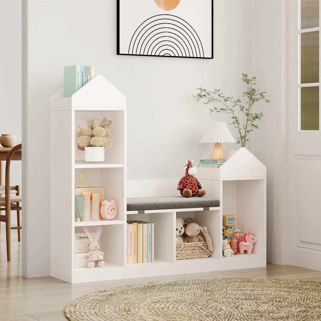 6 Compartments Kids Bookcase, Wooden Bookshelf With Cushion, Toy Storage Cabinet For Bedroom Kindergarten