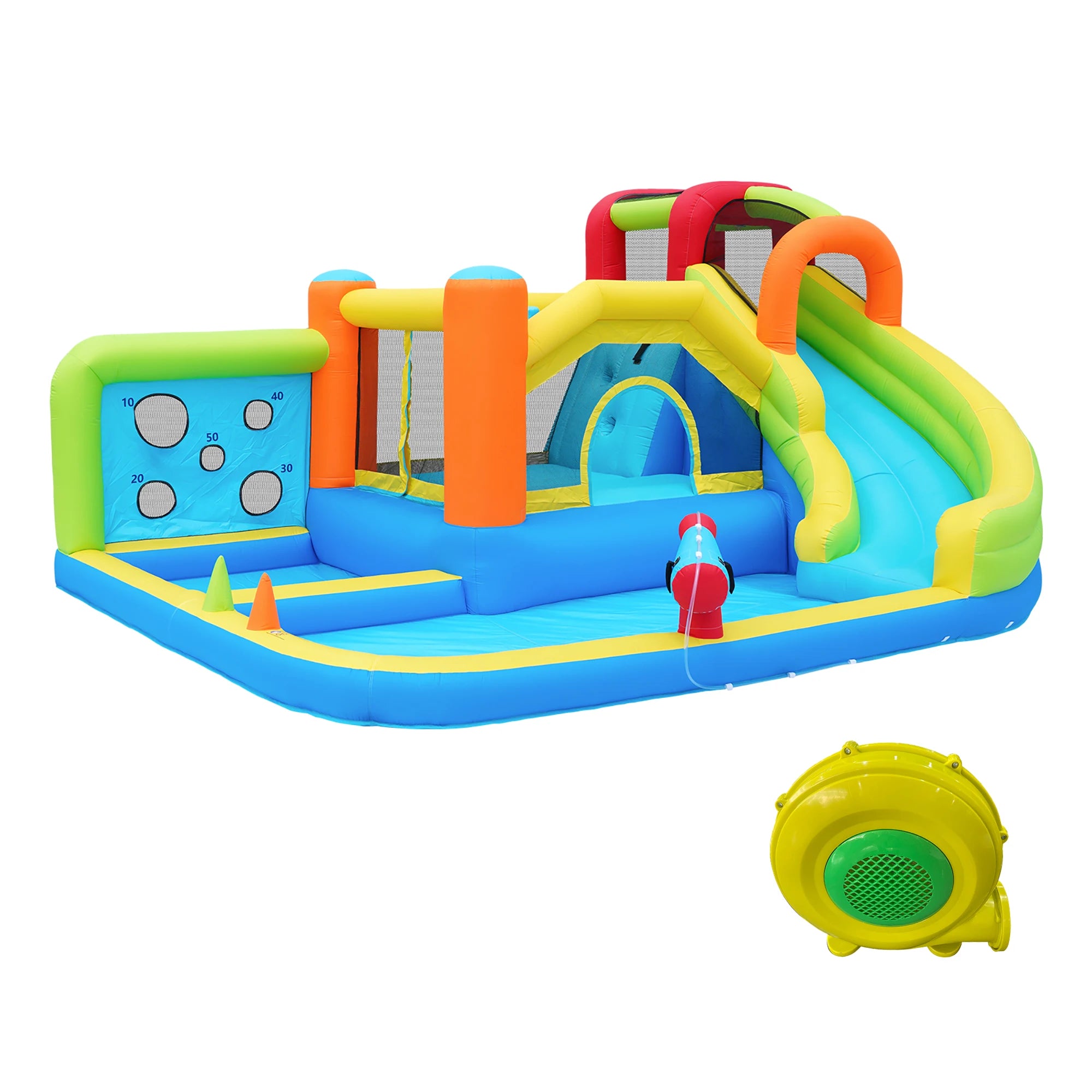 Bouncy castle with blower, slide, trampoline, climbing wall, throwing Wall & basketball hoop-usable all year round, incl. 450W Blower