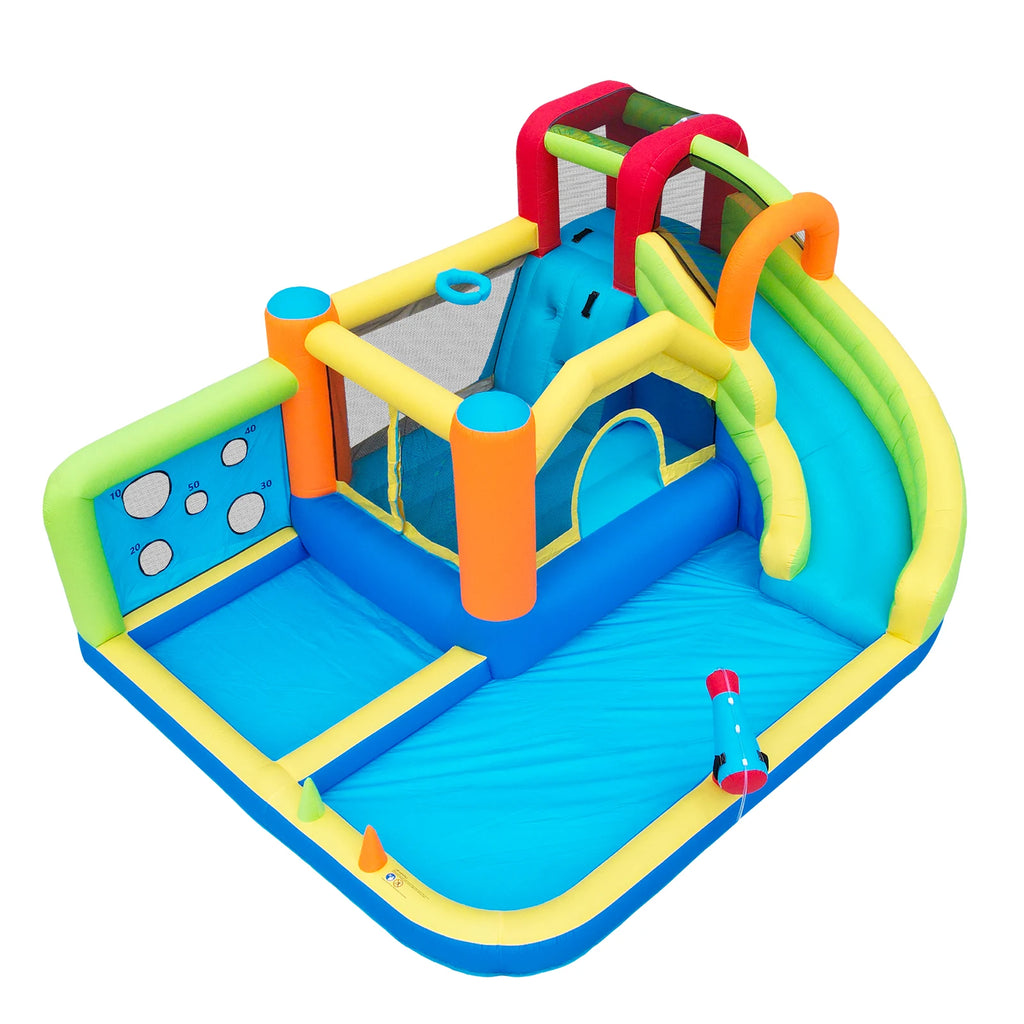 Bouncy castle with blower, slide, trampoline, climbing wall, throwing Wall & basketball hoop-usable all year round, incl. 450W Blower