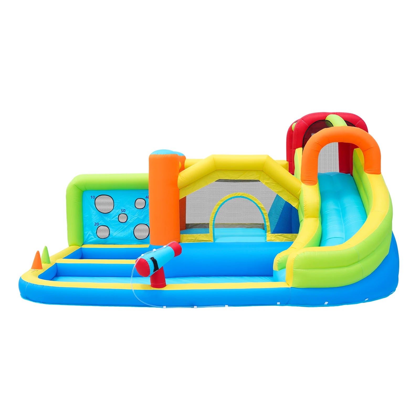 Bouncy castle with blower, slide, trampoline, climbing wall, throwing Wall & basketball hoop-usable all year round, incl. 450W Blower