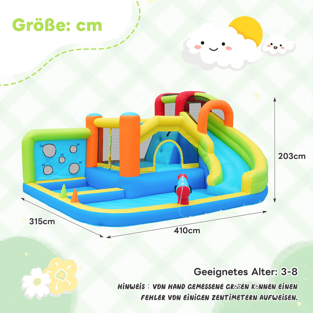 Bouncy castle with blower, slide, trampoline, climbing wall, throwing Wall & basketball hoop-usable all year round, incl. 450W Blower