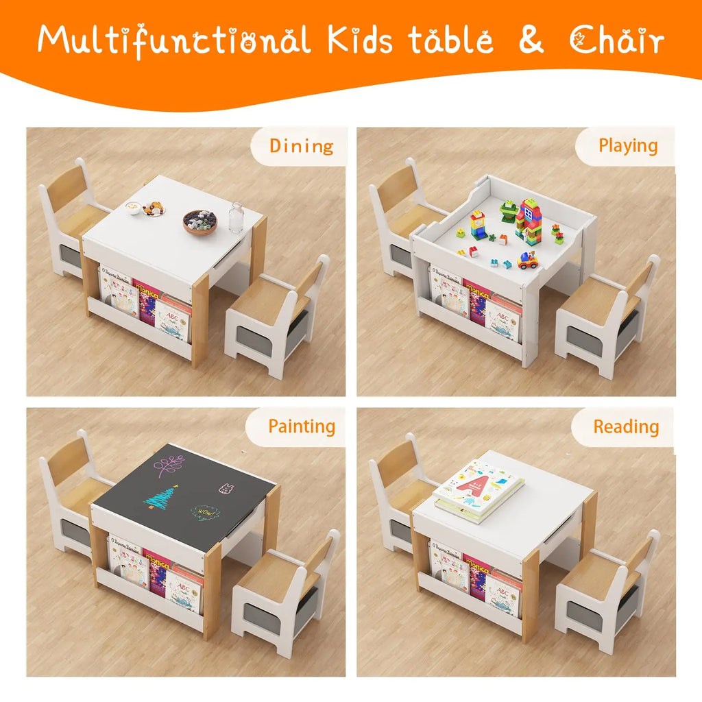 Kids Table and Chair Set - 4 in 1 Wooden Activity Table, 2 Chairs with Storage Drawer, Detachable Table Top for Drawing, Reading, Crafts