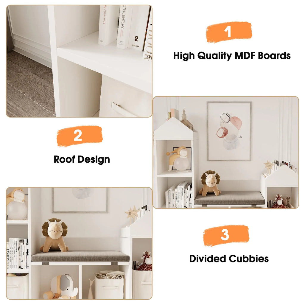 6 Compartments Kids Bookcase, Wooden Bookshelf With Cushion, Toy Storage Cabinet For Bedroom Kindergarten