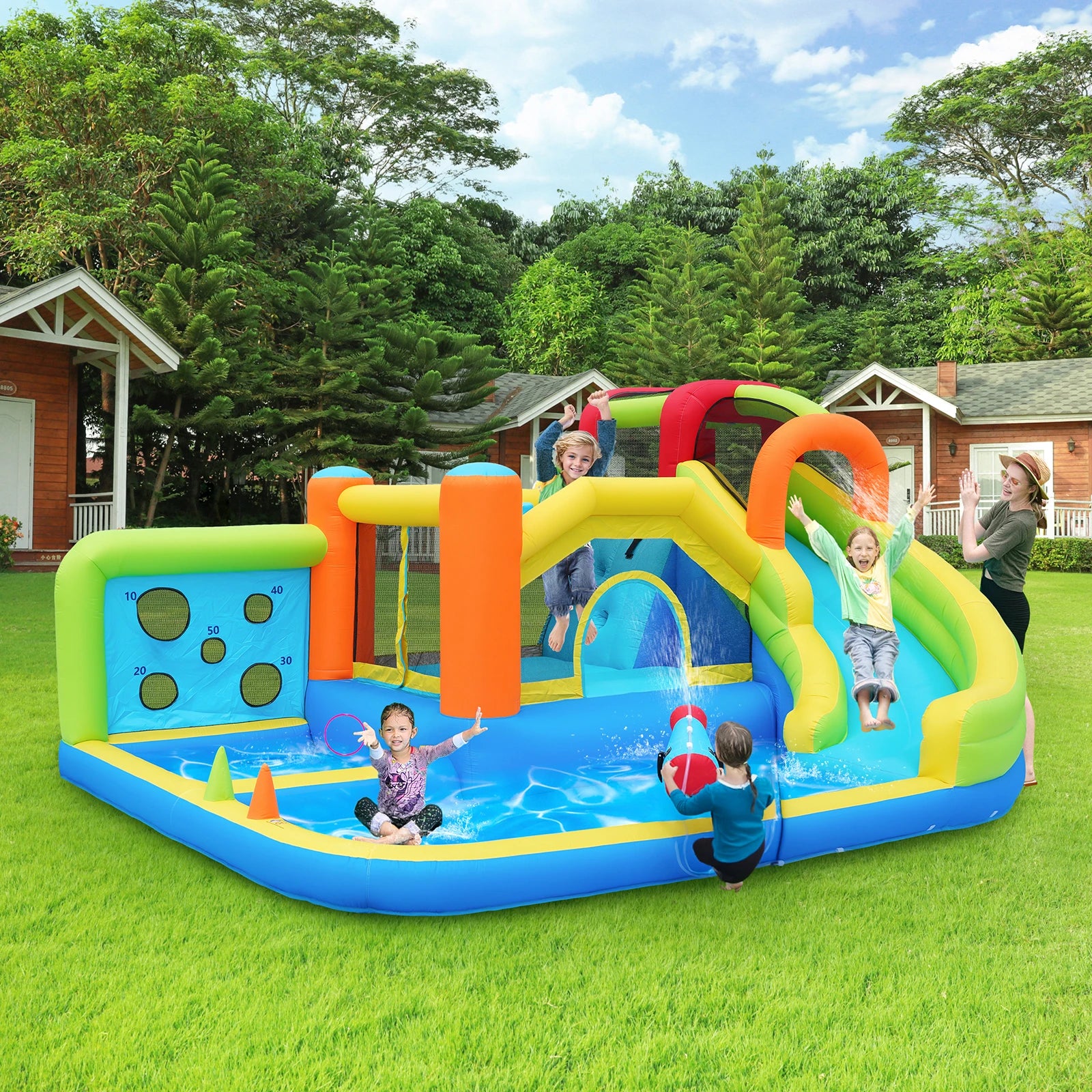 Bouncy castle with blower, slide, trampoline, climbing wall, throwing Wall & basketball hoop-usable all year round, incl. 450W Blower