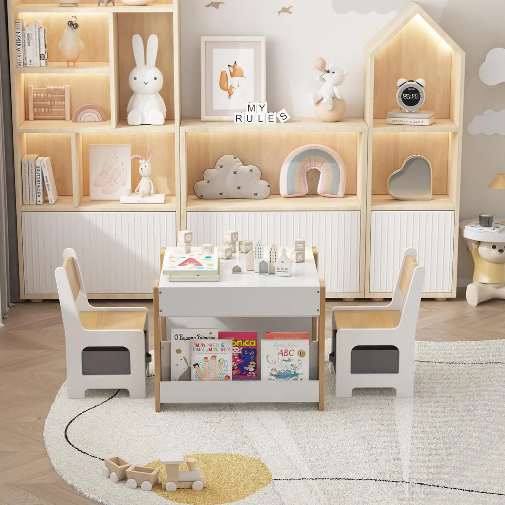 Kids Table and Chair Set - 4 in 1 Wooden Activity Table, 2 Chairs with Storage Drawer, Detachable Table Top for Drawing, Reading, Crafts