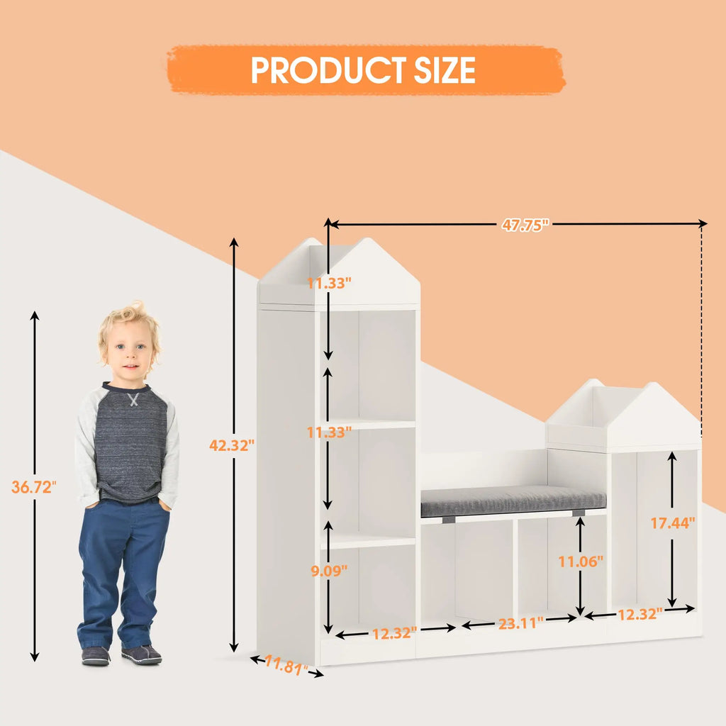 6 Compartments Kids Bookcase, Wooden Bookshelf With Cushion, Toy Storage Cabinet For Bedroom Kindergarten