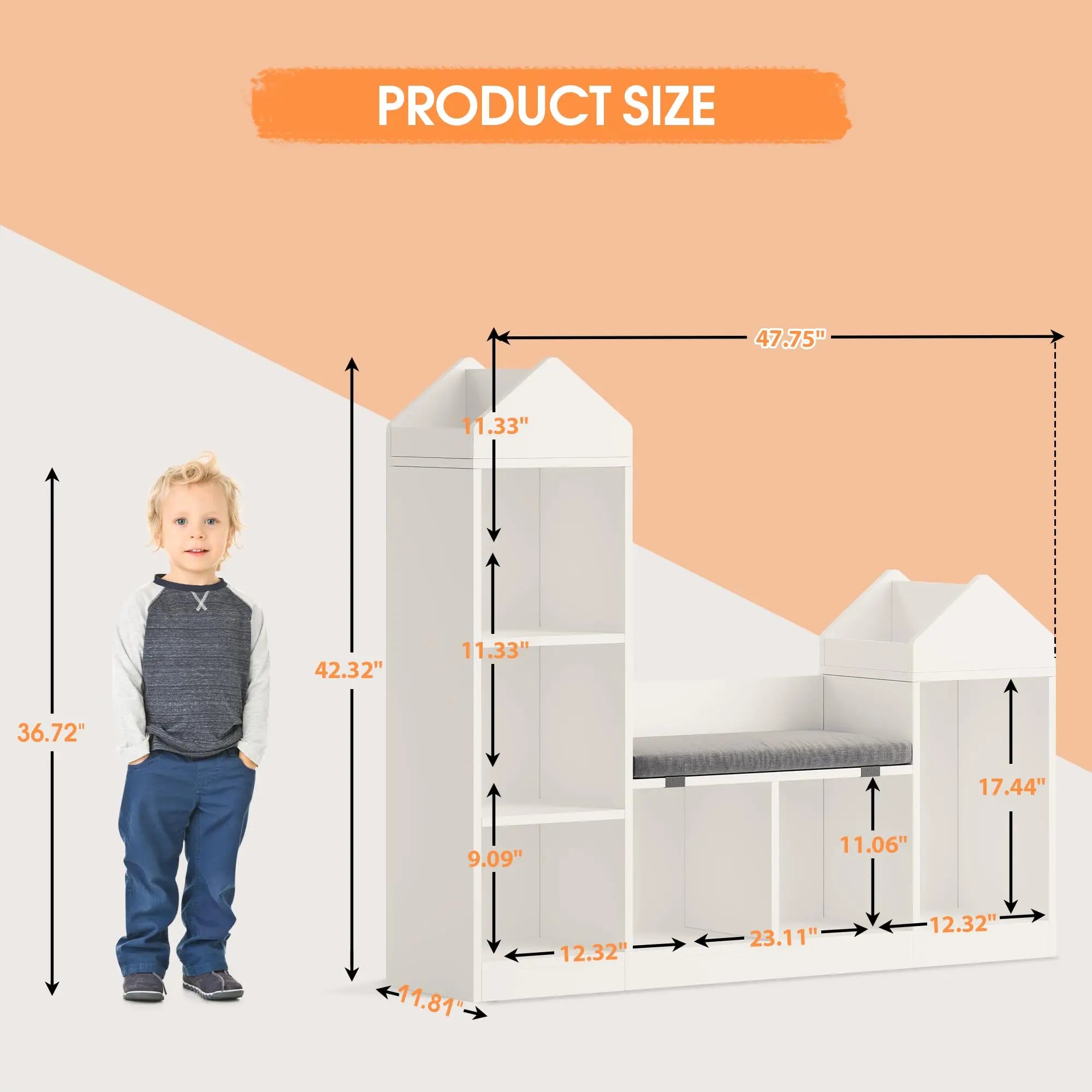 6 Compartments Kids Bookcase, Wooden Bookshelf With Cushion, Toy Storage Cabinet For Bedroom Kindergarten