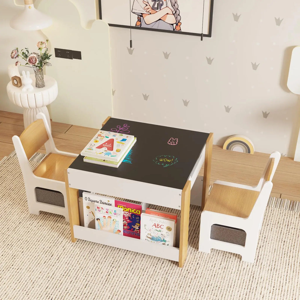 Kids Table and Chair Set - 4 in 1 Wooden Activity Table, 2 Chairs with Storage Drawer, Detachable Table Top for Drawing, Reading, Crafts