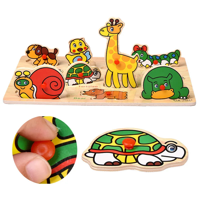 Montessori Wooden Puzzles Baby Educational Toys Hand Grab Boards Tangram Cartoon Animals Fruits 3D Puzzles for babies 2 3 years