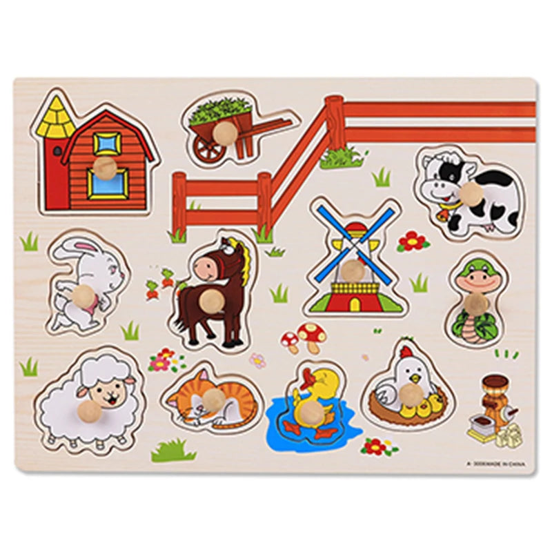 Montessori Wooden Puzzles Baby Educational Toys Hand Grab Boards Tangram Cartoon Animals Fruits 3D Puzzles for babies 2 3 years