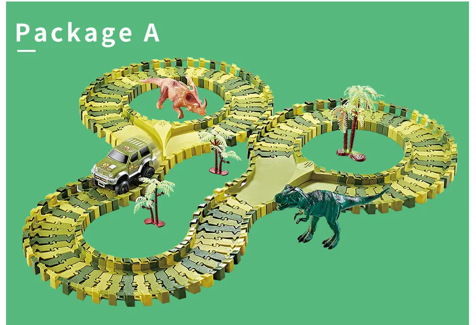 DIY Plastic Racing Track Set Dinosaur Railway Toys Flexible Race Track Electronic Flash Light Car Toys for Children Gifts