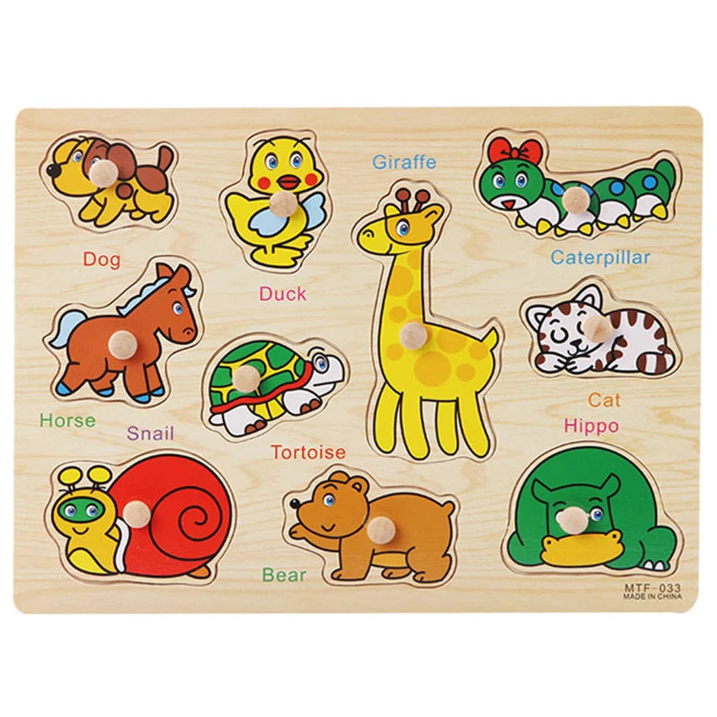 Montessori Wooden Puzzles Baby Educational Toys Hand Grab Boards Tangram Cartoon Animals Fruits 3D Puzzles for babies 2 3 years