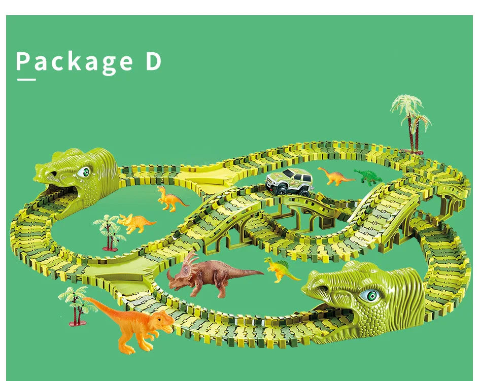 DIY Plastic Racing Track Set Dinosaur Railway Toys Flexible Race Track Electronic Flash Light Car Toys for Children Gifts