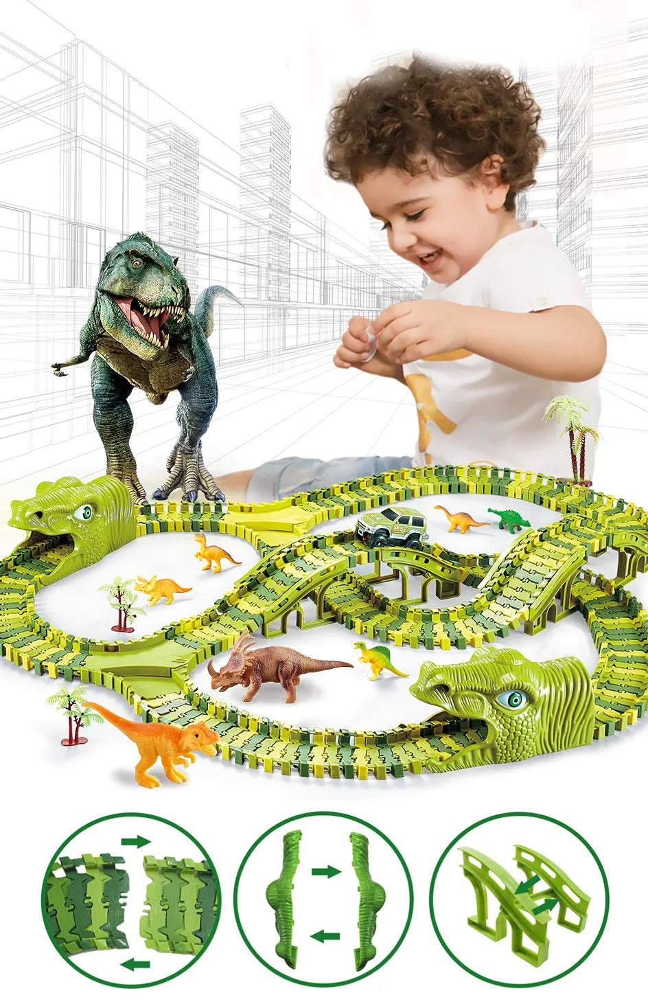 DIY Plastic Racing Track Set Dinosaur Railway Toys Flexible Race Track Electronic Flash Light Car Toys for Children Gifts