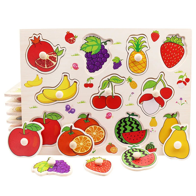 Montessori Wooden Puzzles Baby Educational Toys Hand Grab Boards Tangram Cartoon Animals Fruits 3D Puzzles for babies 2 3 years