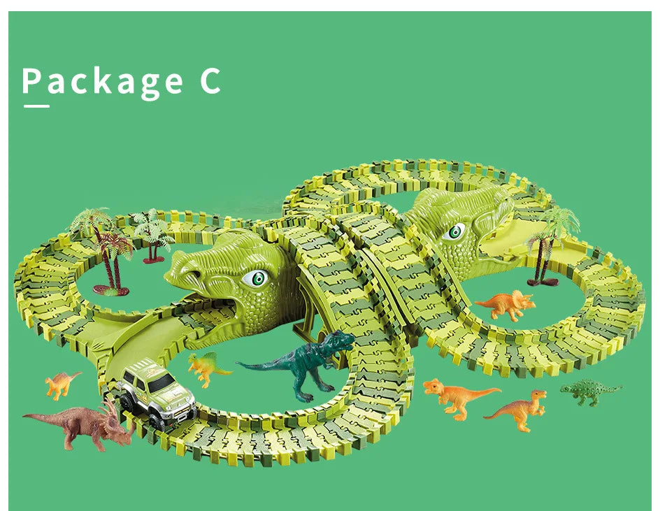 DIY Plastic Racing Track Set Dinosaur Railway Toys Flexible Race Track Electronic Flash Light Car Toys for Children Gifts